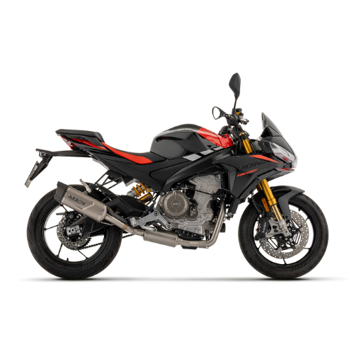 Aprilia Tuono 660 vista di lato con un kit di scarico completo Arrow montato