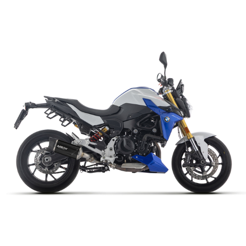 BMW F 900 R 2025 blu e bianca con terminale Arrow 77502PK, vista laterale