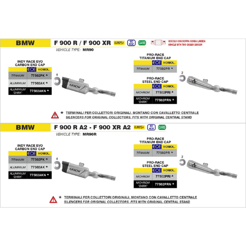 Schemi di montaggio Arrow per BMW F 900 R e F 900 XR 2025-2026, vehicle type MR90 e MR90R