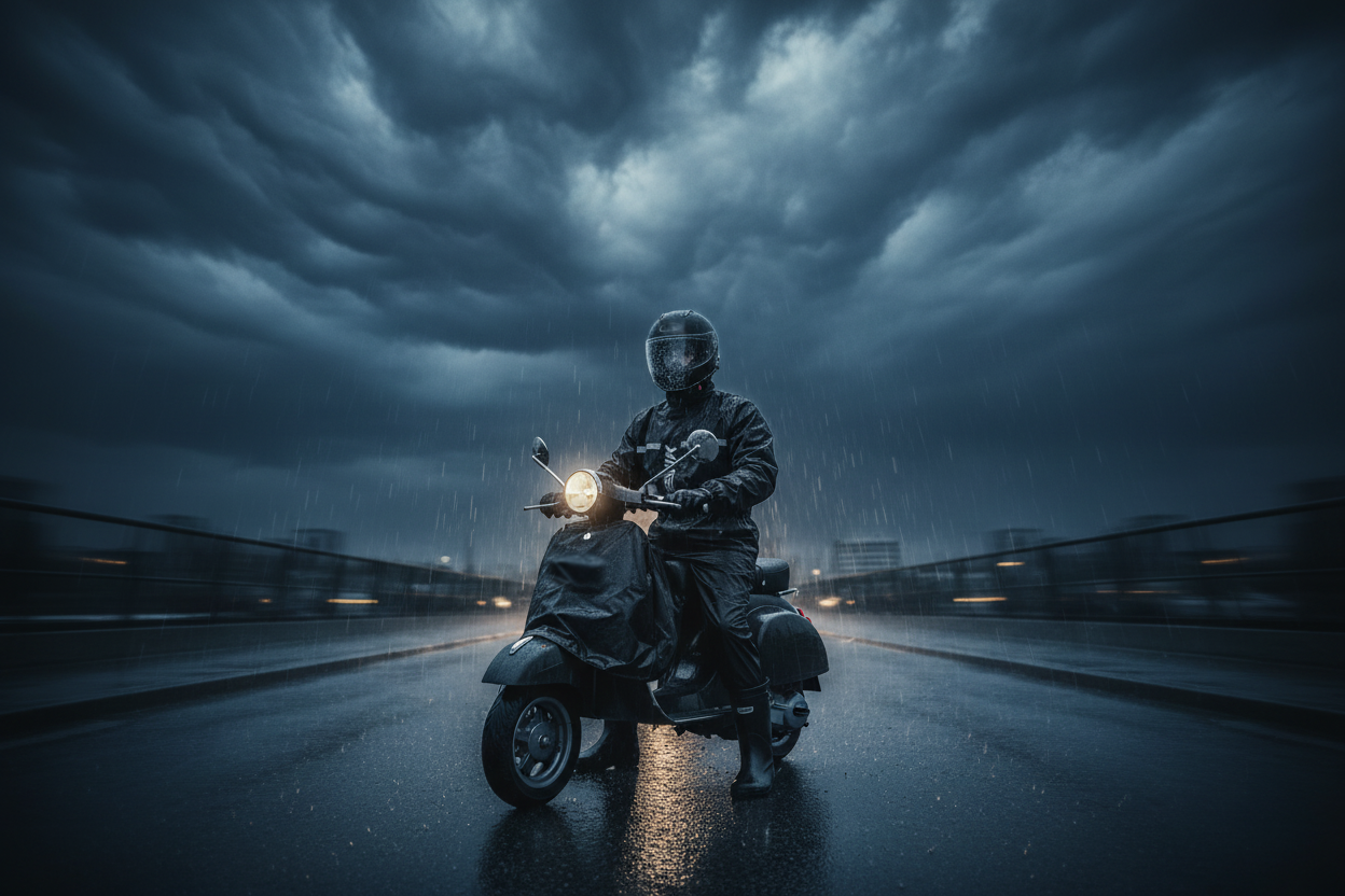 Motociclista con completo antipioggia Hevik, coprigambe e copristivali, fermo in sella a uno scooter su strada bagnata durante un temporale