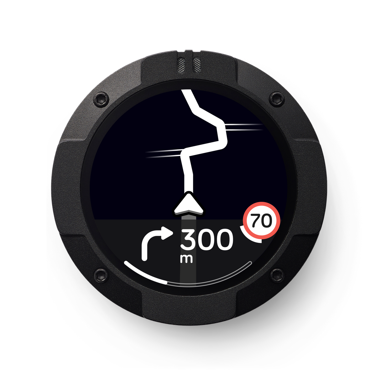 Beeline Moto II navigatore moto Bluetooth versione nera, vista frontale con schermata di navigazione