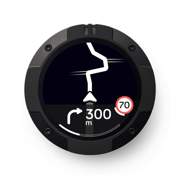 Beeline Moto II navigatore moto Bluetooth versione nera, vista frontale con schermata di navigazione