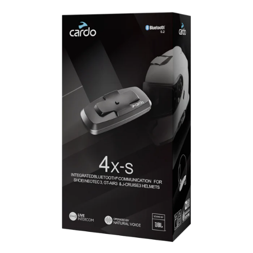 Confezione Cardo 4X-S per caschi Shoei Gen 3 con badge Live Intercom e Sound by JBL