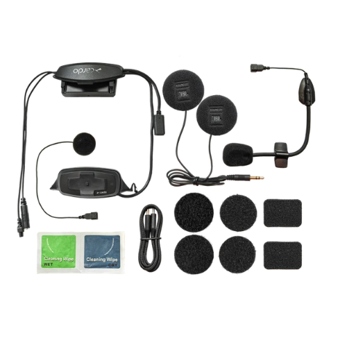 Contenuto confezione Cardo 4X-S: unita, altoparlanti JBL 40 mm, microfono e accessori