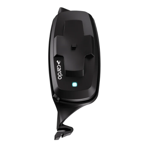 Interfono Cardo 4X-S visto di fronte con il supporto sagomato per casco Shoei