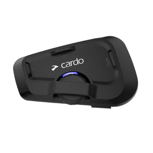 Interfono Cardo Freecom 2X nero di tre quarti con la ruota dei controlli illuminata