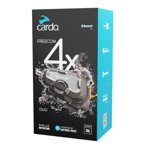 Confezione Cardo Freecom 4X Duo FRC4X103 con due unita, Sound by JBL e Natural Voice