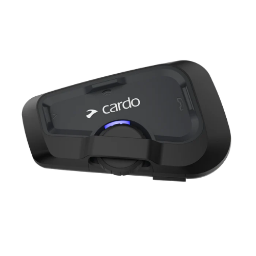 Interfono Cardo Freecom 4X nero di tre quarti con la ruota dei controlli illuminata