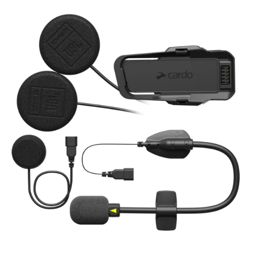 Contenuto kit Cardo Packtalk Pro Edge: Air Mount, altoparlanti JBL e due microfoni