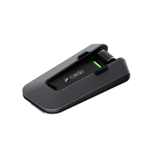Cardo Packtalk Edge con la base Air Mount vista laterale, corpo nero e LED verde