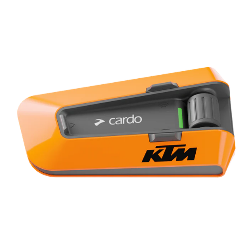 Cardo Packtalk Edge sul supporto magnetico Air Mount arancione con logo KTM