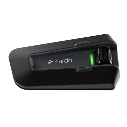 Interfono Cardo Packtalk Neo nero di tre quarti con LED verde e supporto a scatto