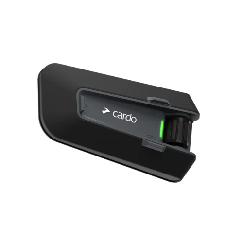 Cardo Packtalk Neo vista laterale con il supporto a scatto e il LED di stato