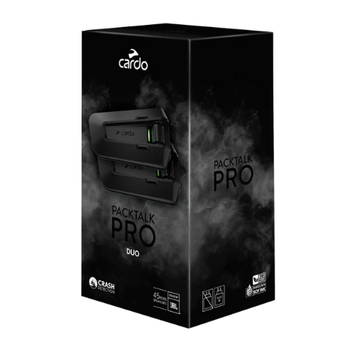 Confezione Cardo Packtalk Pro Duo con badge Crash Detection, altoparlanti 45 mm e JBL