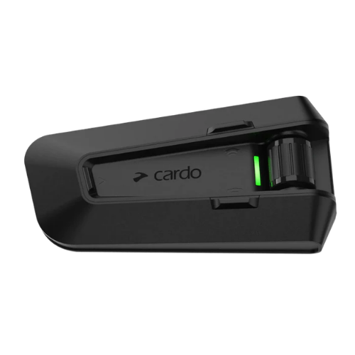 Interfono Cardo Packtalk Pro nero opaco, vista di tre quarti con comando rotante