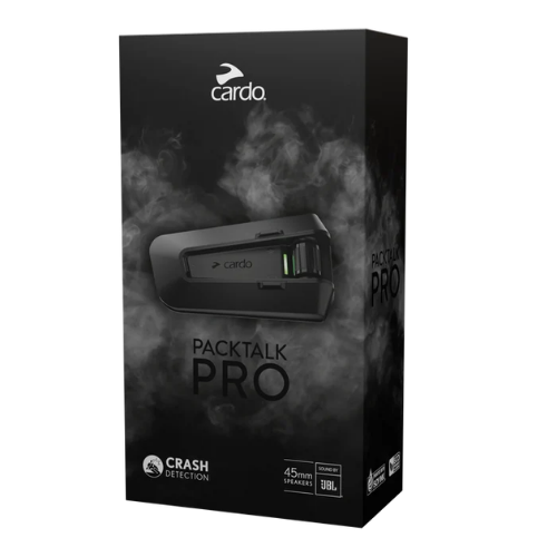 Confezione Cardo Packtalk Pro interfono mesh singolo con badge Crash Detection e JBL 45 mm