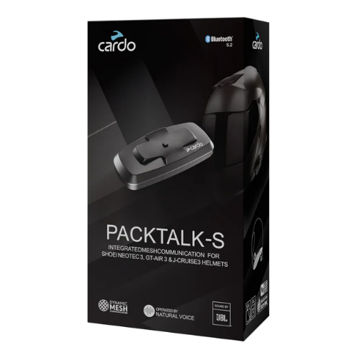 Confezione Cardo Packtalk-S per caschi Shoei Gen 3 con badge Dynamic Mesh e Sound by JBL