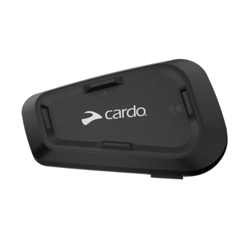 Unità interfono Cardo Spirit nera con logo Cardo e tasti volume, vista tre quarti