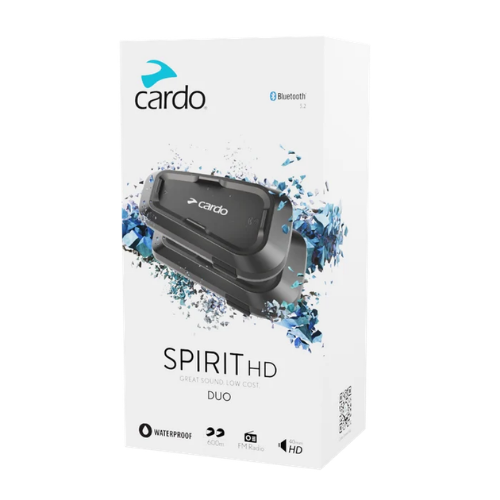 Confezione Cardo Spirit HD Duo SPRT0102 con icone waterproof, 600 m e radio FM