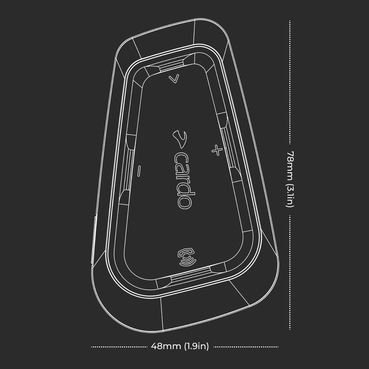 Cardo Spirit e Spirit HD interfono Bluetooth: disegno tecnico dell'unità con le misure 48 x 78 mm