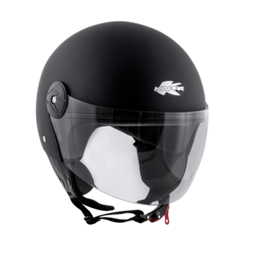 Casco demi-jet Kappa KV40 Hawaii nero opaco, vista tre quarti anteriore con visiera trasparente