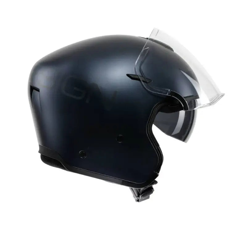 Momo Design AERO blu profondo opaco con visiera alzata, fianco sinistro