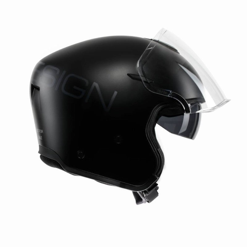 Momo Design AERO nero opaco con la visiera alzata, ripreso dal fianco sinistro