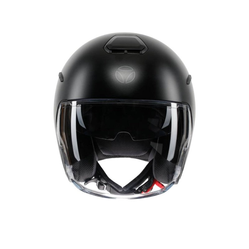 Casco Momo Design AERO nero opaco visto di fronte con visiera alzata e interni a vista