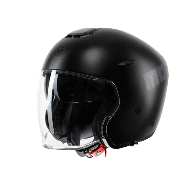 Momo Design AERO nero opaco, tre quarti anteriore destro con visiera alzata