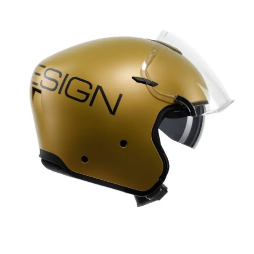 Momo Design AERO oro opaco con la scritta MOMODESIGN, fianco sinistro e visiera alzata