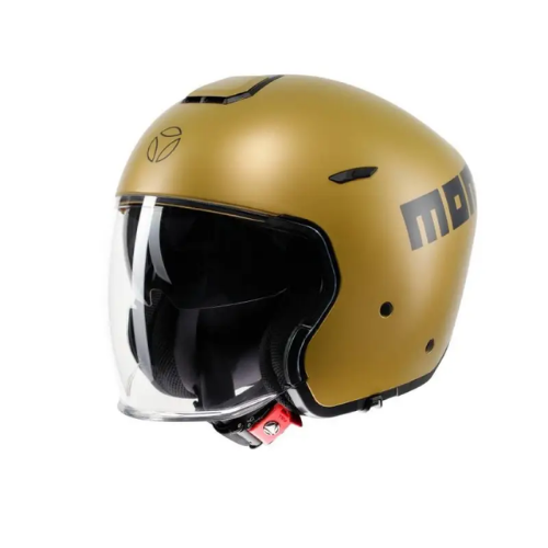 Momo Design AERO oro opaco, tre quarti anteriore con il logo tondo Momo sulla calotta