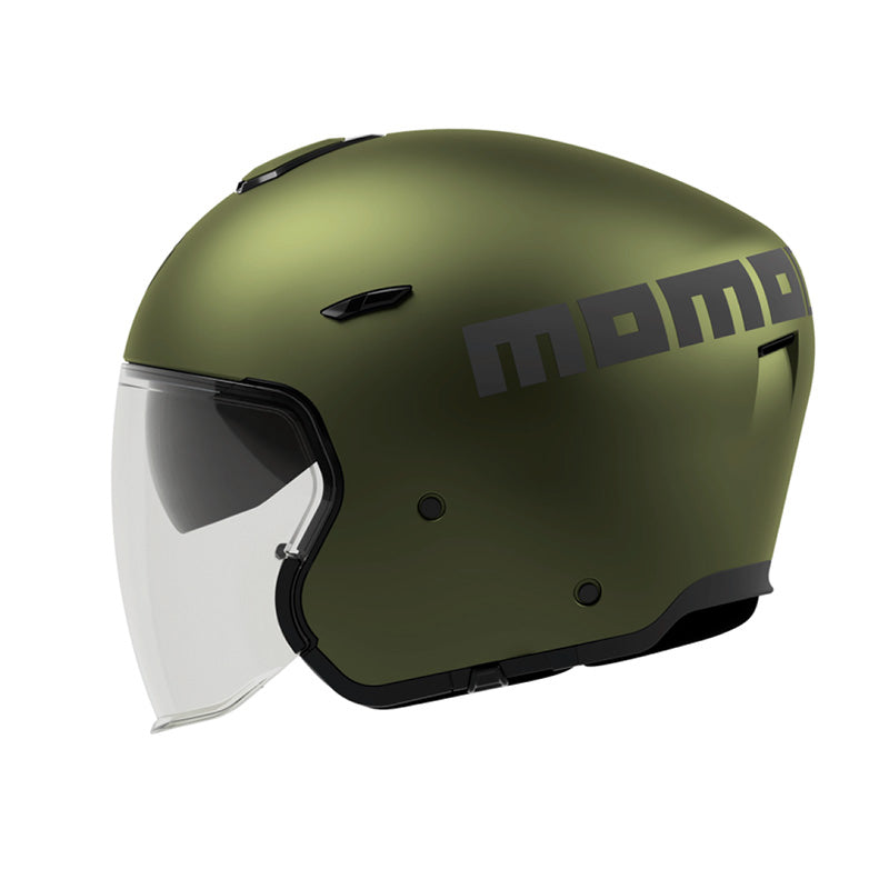 Casco jet Momo Design AERO verde militare opaco con lettering MOMO, fianco destro