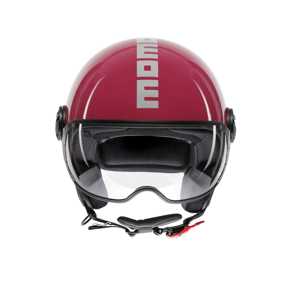 Casco jet Momo Design FGTR Classic Candy fucsia lucido, vista frontale con visiera alzata e interni a vista