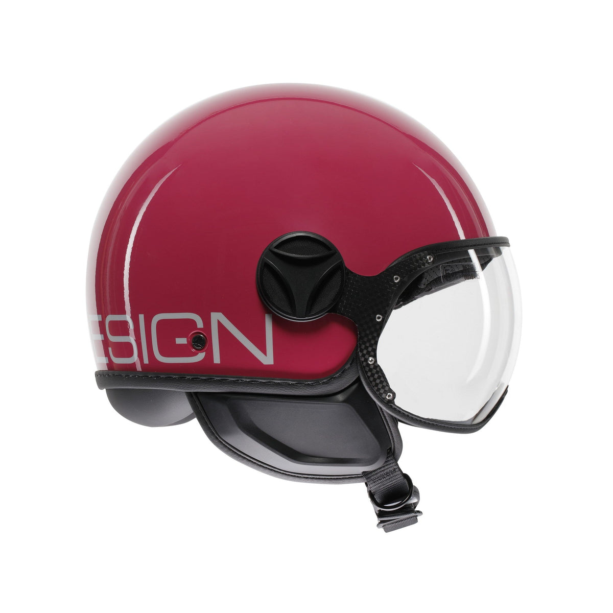 Casco jet Momo Design FGTR Classic Candy fucsia lucido, lato destro con scritta DESIGN bianca e visiera abbassata