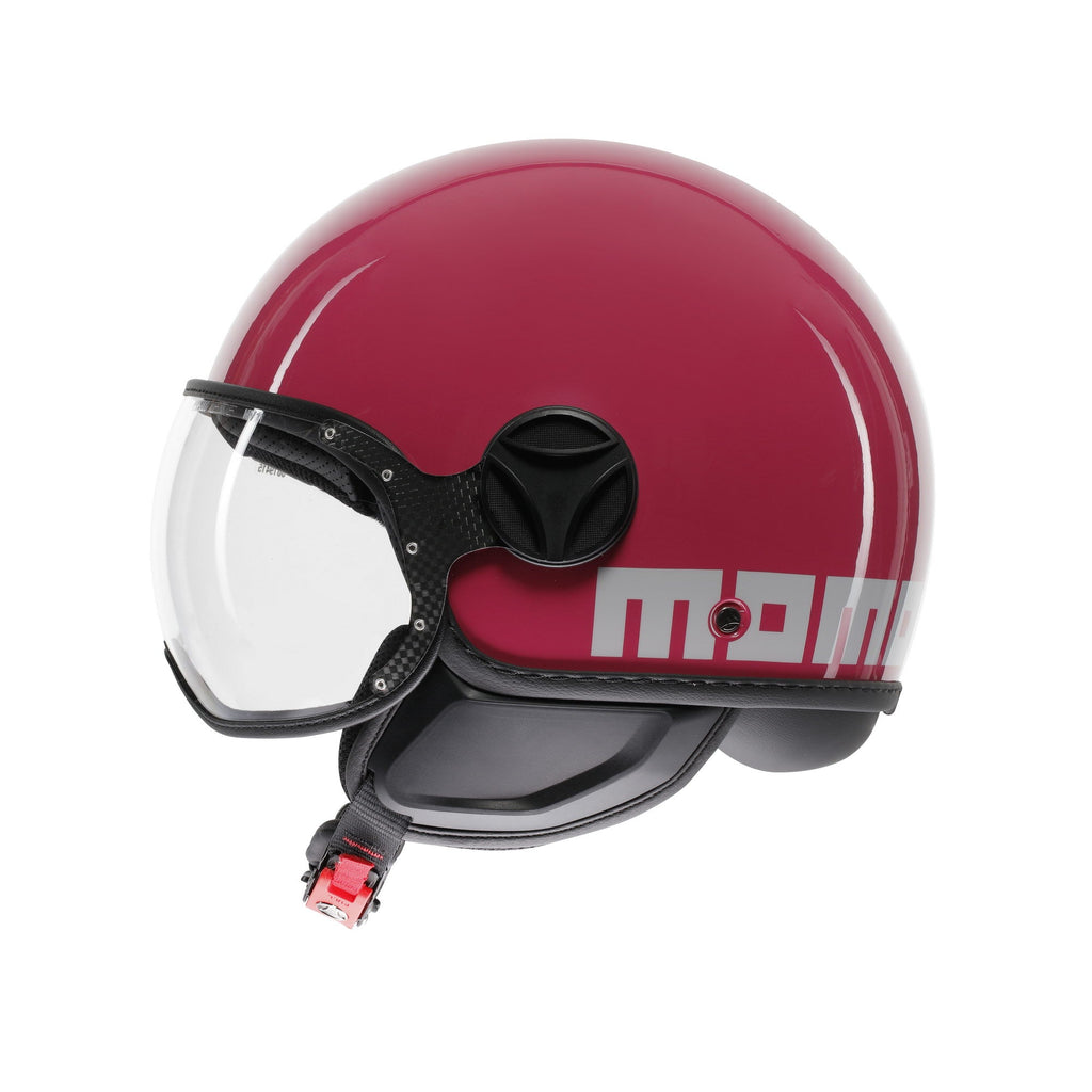 Casco jet Momo Design FGTR Classic Candy fucsia lucido, lato sinistro con scritta MOMO bianca e nottolino nero