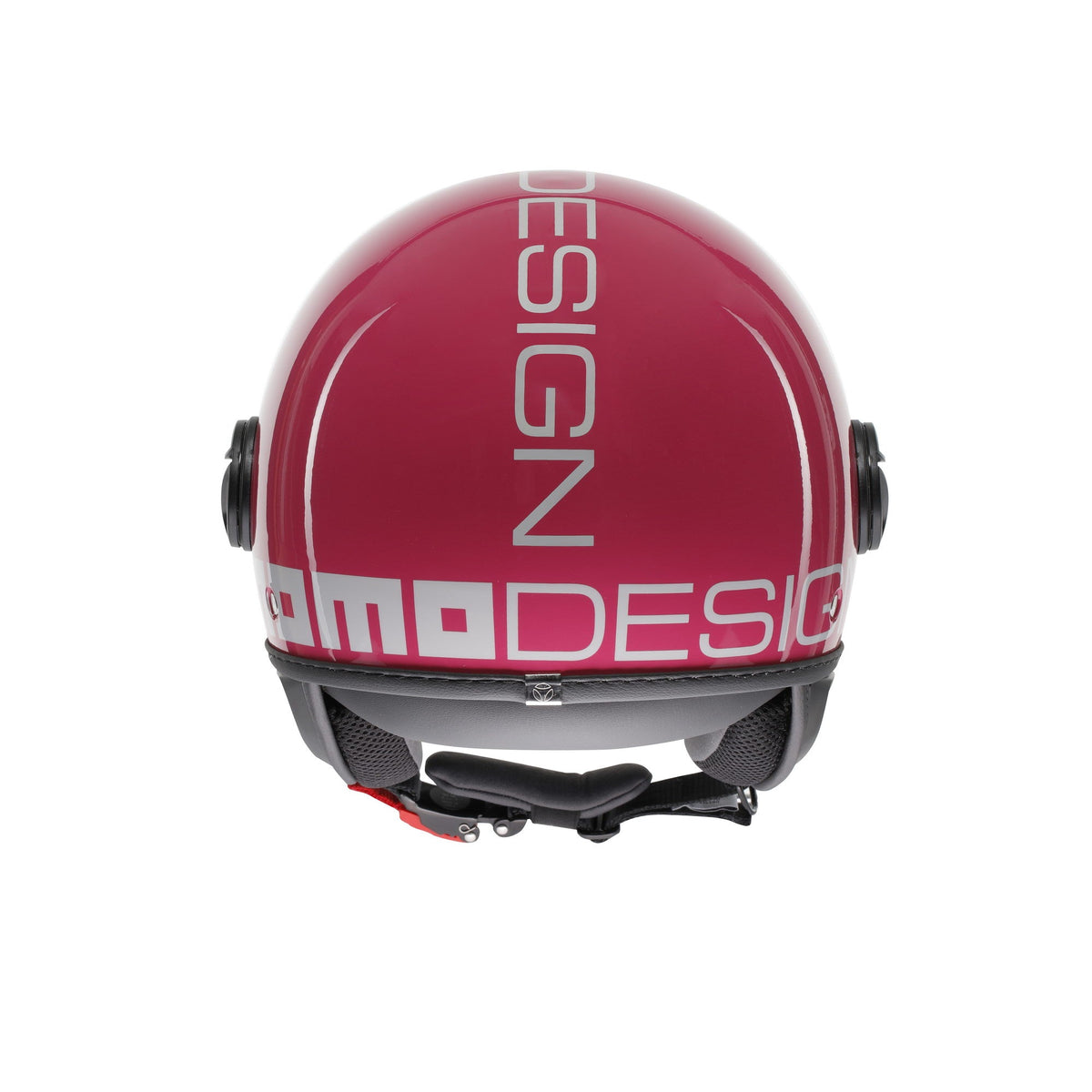 Casco jet Momo Design FGTR Classic Candy fucsia lucido, tre quarti posteriore con logo MOMODESIGN bianco