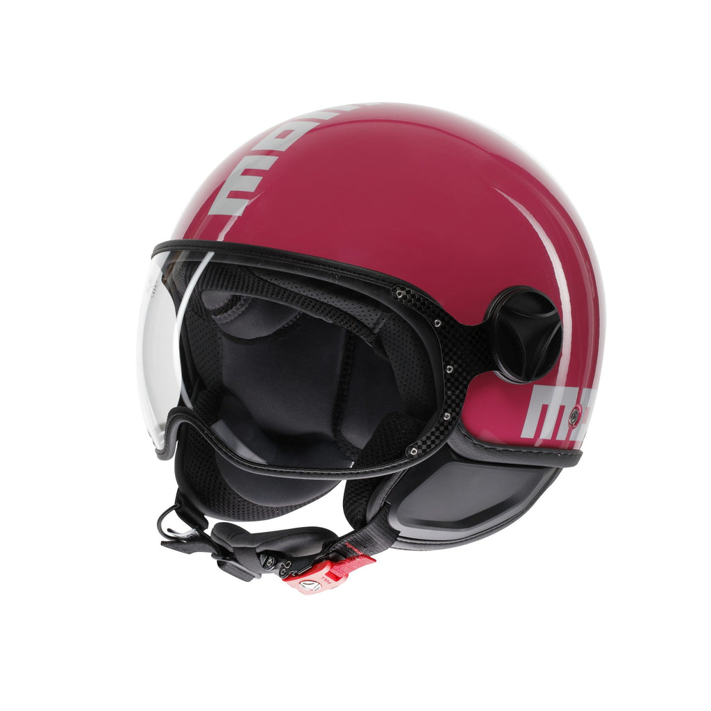 Casco jet Momo Design FGTR Classic Candy fucsia lucido con scritte bianche, tre quarti anteriore con visiera alzata
