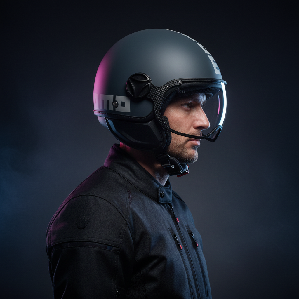 Casco jet Momo Design FGTR Classic Candy grigio ottanio opaco indossato, vista di profilo su fondo scuro