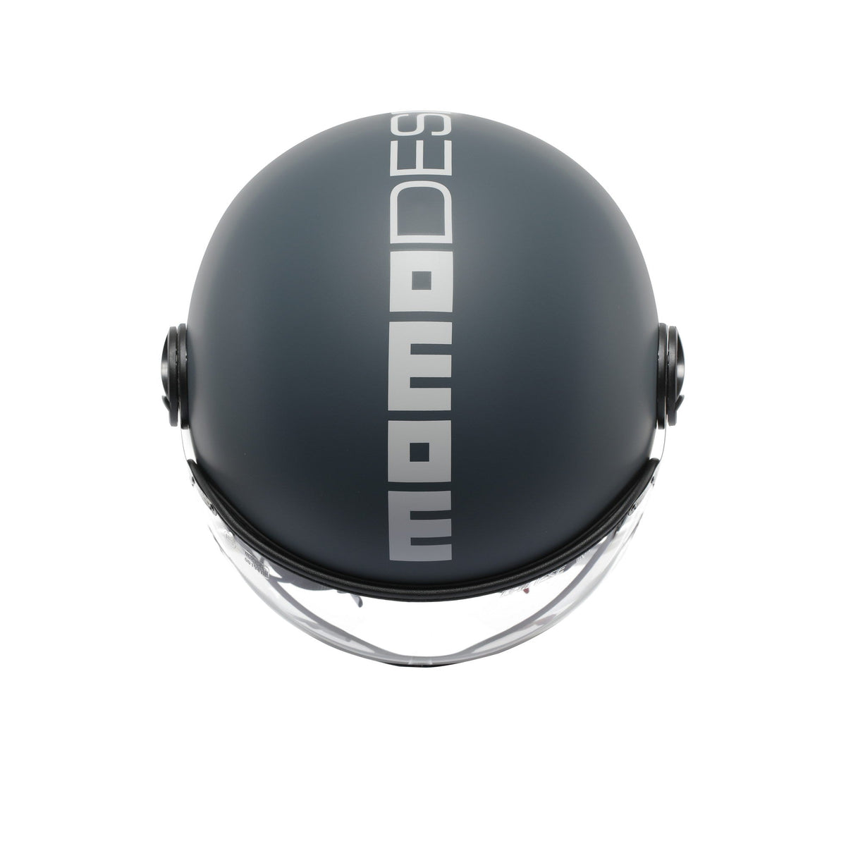 Casco Momo Design FGTR Classic grigio ottanio, vista posteriore con scritta MOMODESIGN verticale bianca