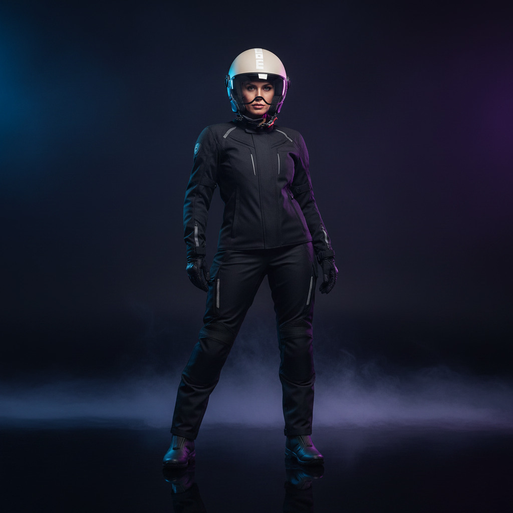 Casco jet Momo Design FGTR Classic Candy malted milk indossato, figura intera su fondo scuro