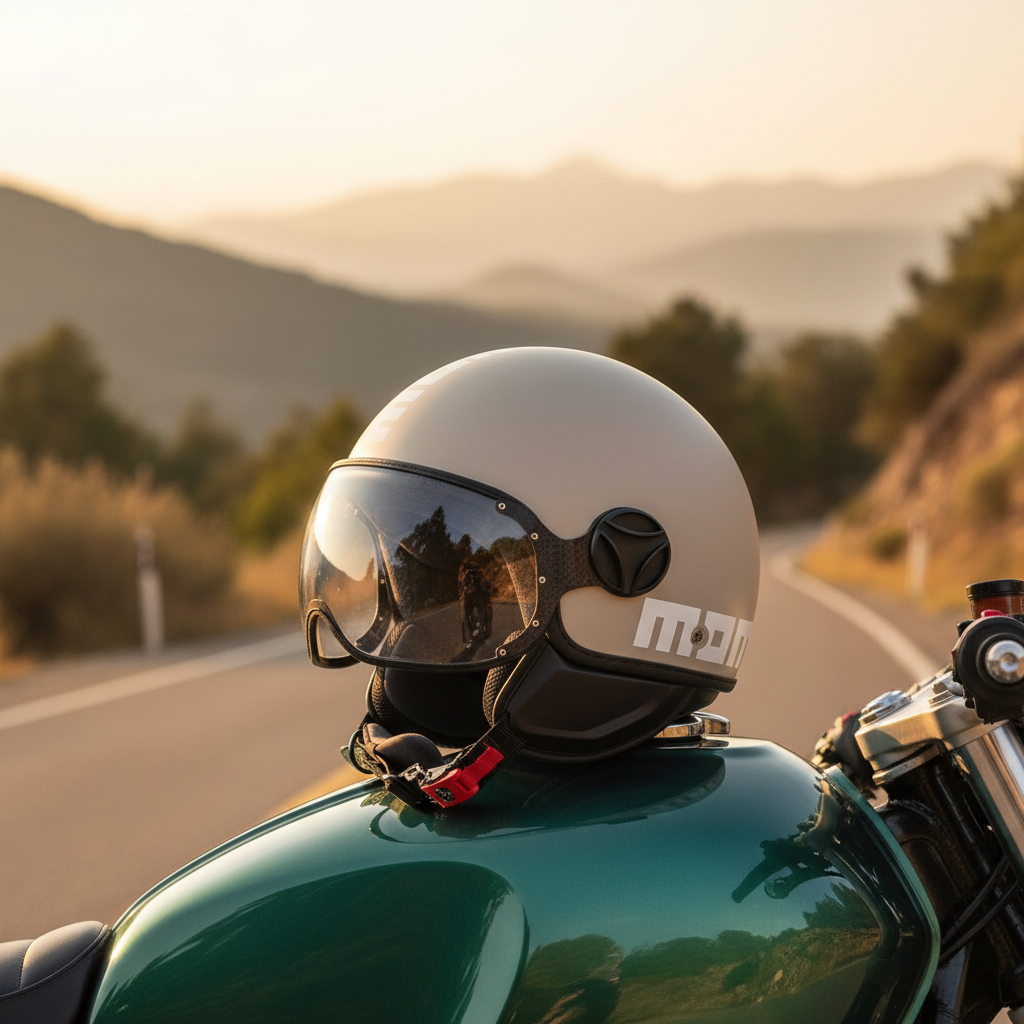 Casco jet Momo Design FGTR Classic Candy malted milk appoggiato sulla sella di una moto, in ambientazione