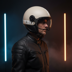 Casco jet Momo Design FGTR Classic Candy malted milk indossato in ambientazione notturna urbana