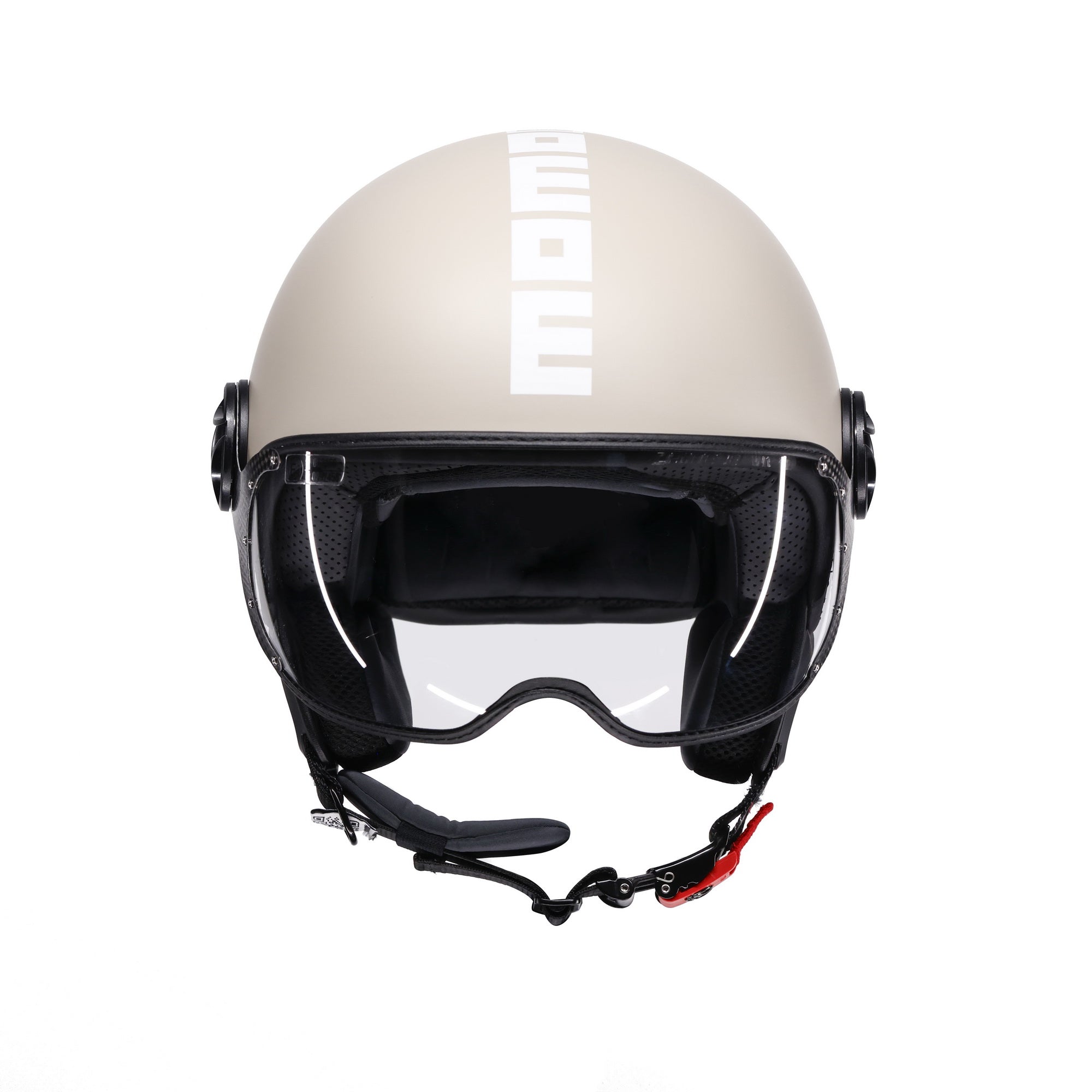 Casco jet Momo Design FGTR Classic Candy malted milk, vista frontale con visiera abbassata