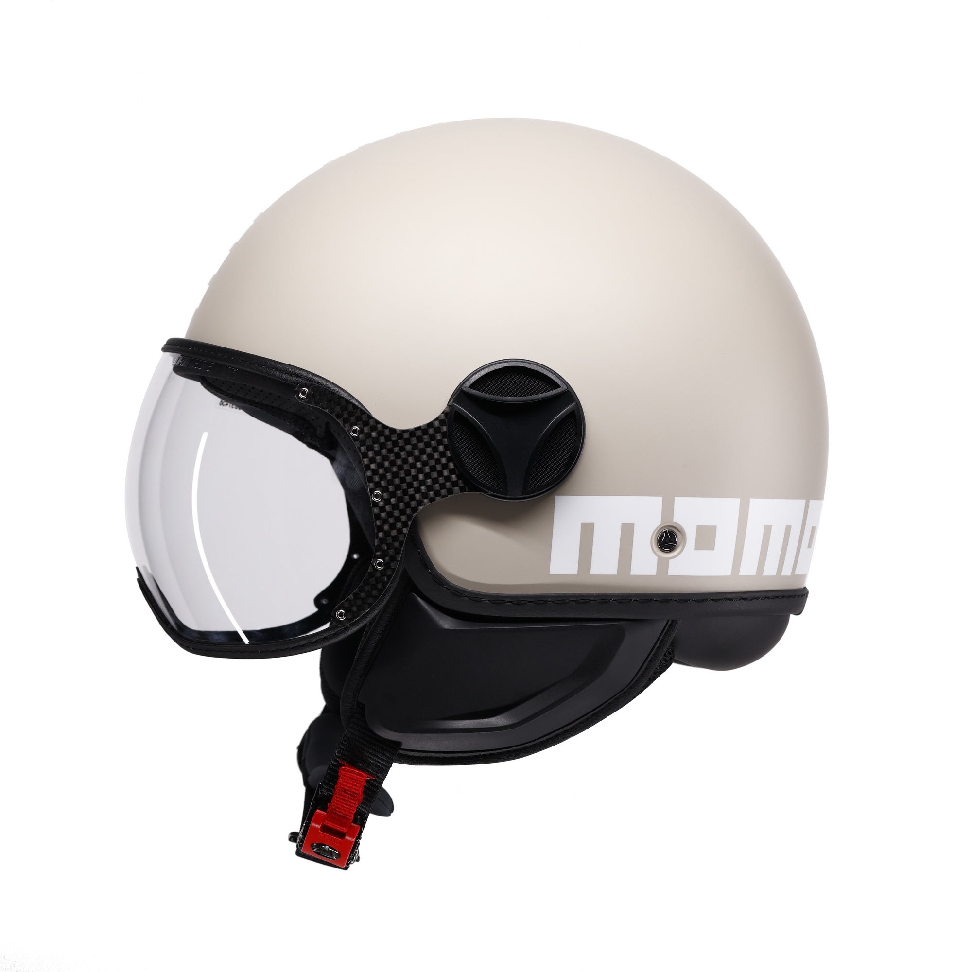 Casco jet Momo Design FGTR Classic Candy malted milk, lato destro con scritta MOMO bianca