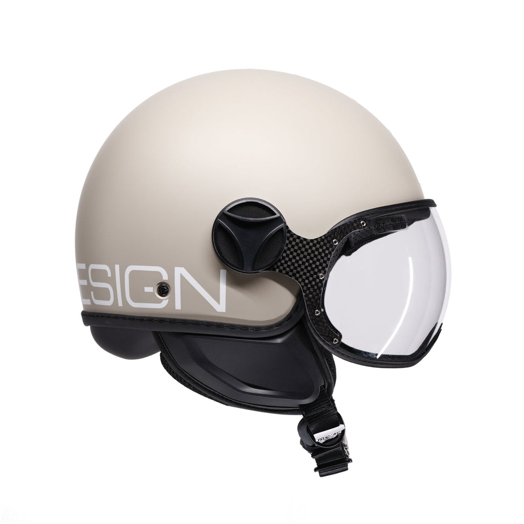 Casco jet Momo Design FGTR Classic Candy malted milk, tre quarti posteriore con logo Momodesign bianco