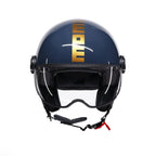 Casco jet Momo Design FGTR Classic Flip blu navy, vista frontale con visiera abbassata