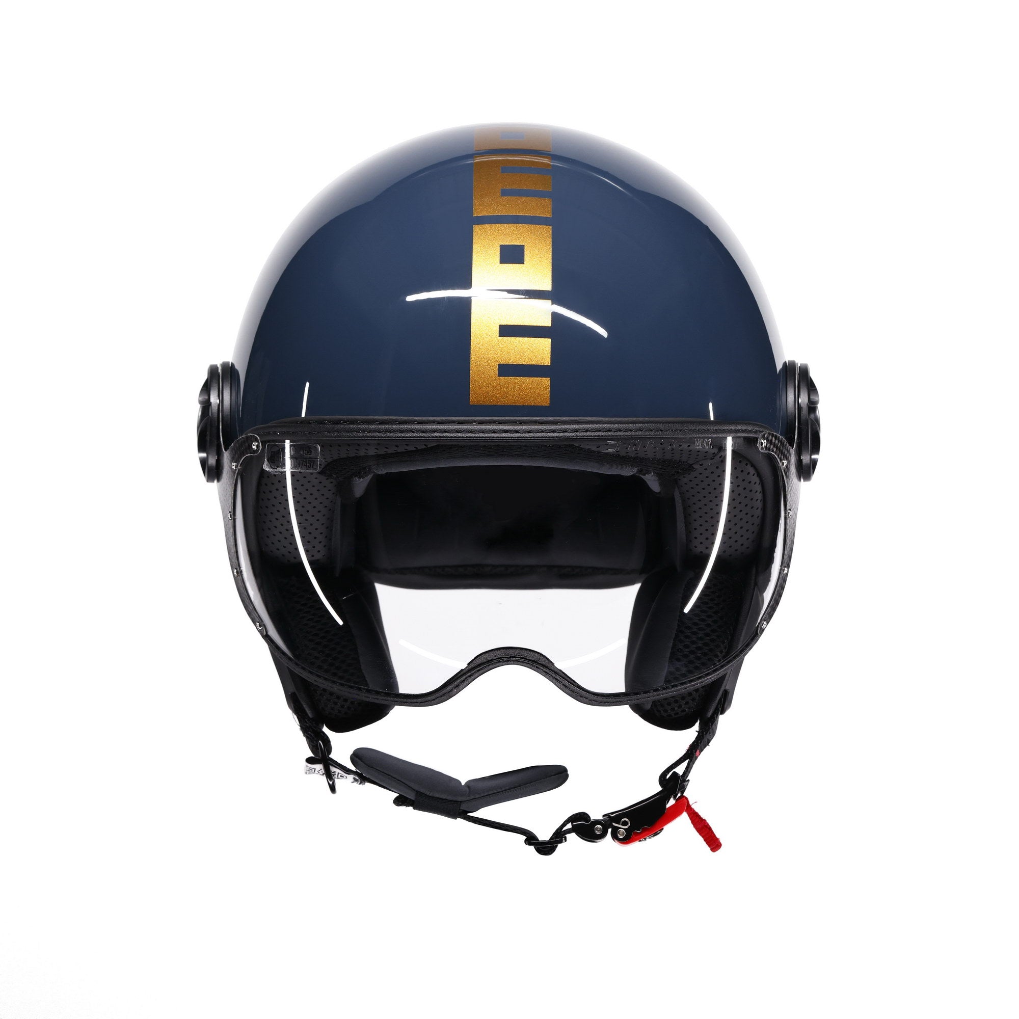 Casco jet Momo Design FGTR Classic Flip blu navy, vista frontale con visiera abbassata