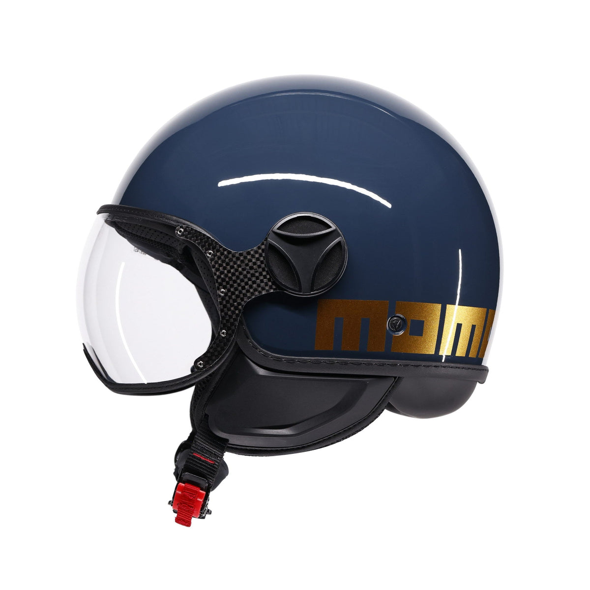 Casco jet Momo Design FGTR Classic Flip blu navy, lato destro con visiera e nottolino nero