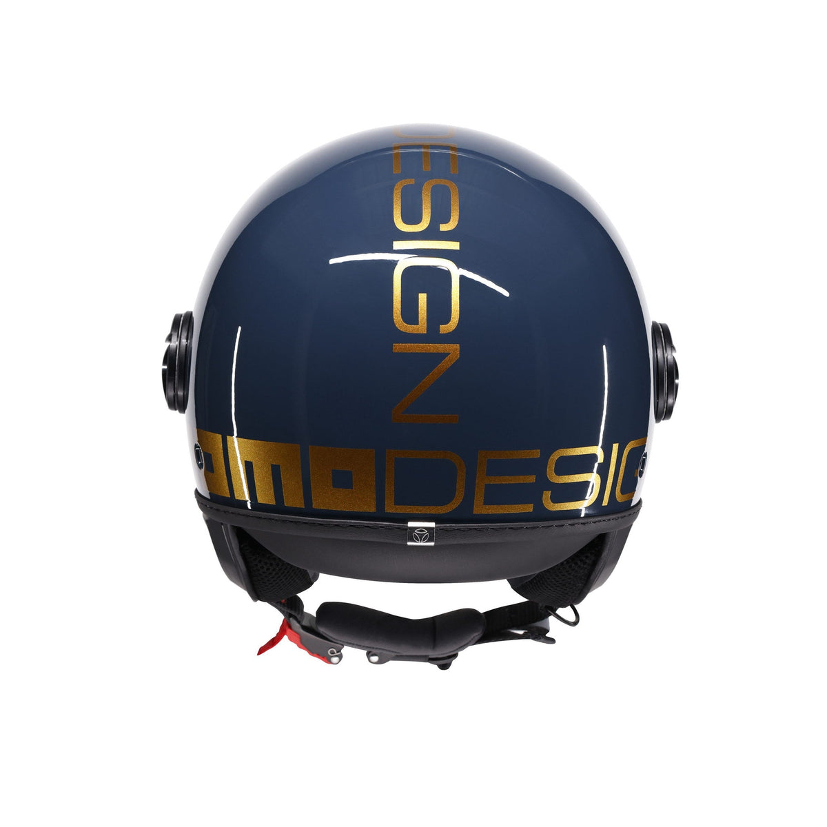 Casco jet Momo Design FGTR Classic Flip blu navy, lato sinistro con logo MOMODESIGN oro