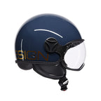 Casco jet Momo Design FGTR Classic Flip blu navy, vista posteriore con scritta oro ottone